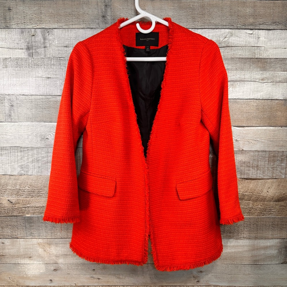 Banana Republic Womens Orange Tweed Fringe Trim Open Front Blazer Petite SP